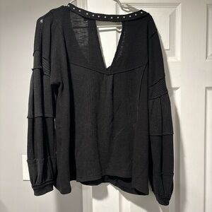 POL Black Studded V-Neck Women's Top